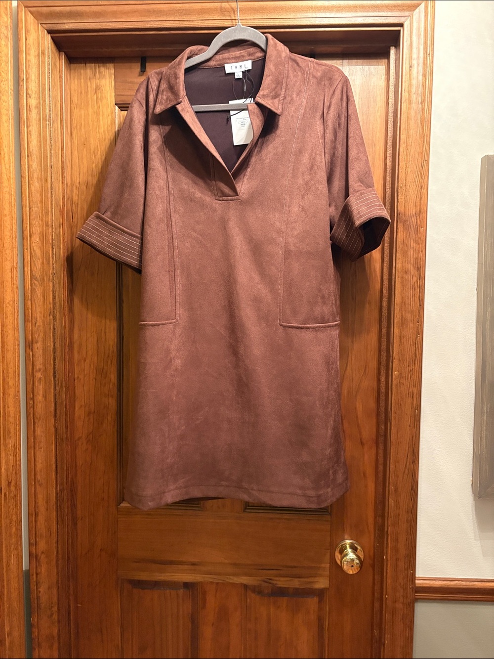Rust Suede-Effect Short Sleeve Shift Dress
